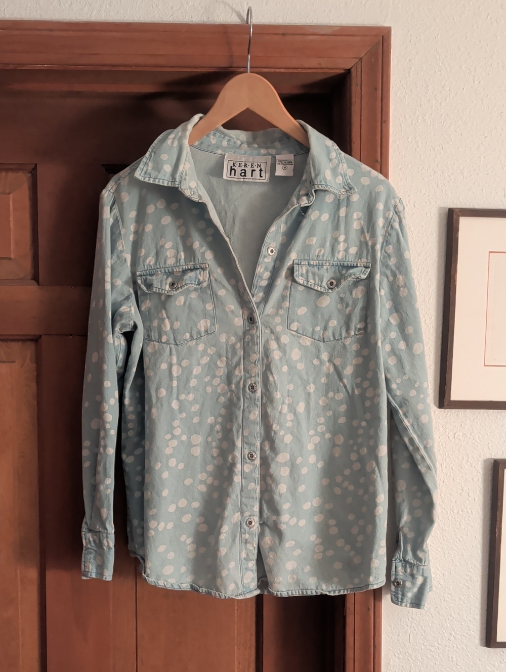 KEREN hart Vintage Light Blue Polka Dot Denim Casual Button-Down Shirt